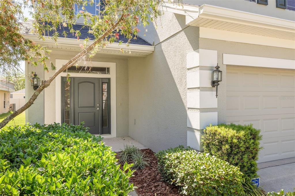 A gray house exterior features a dark front door, a garage, and manicured green bushes — 20215 NATURES SPIRIT DRIVE, TAMPA, FL