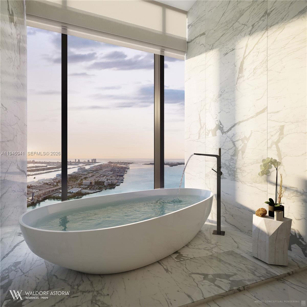 This artist rendering shows a marble bathroom with a freestanding tub overlooking a city harbor — 249 NE 3 ST # 5901, Miami FL 33132, MIAMI, FL