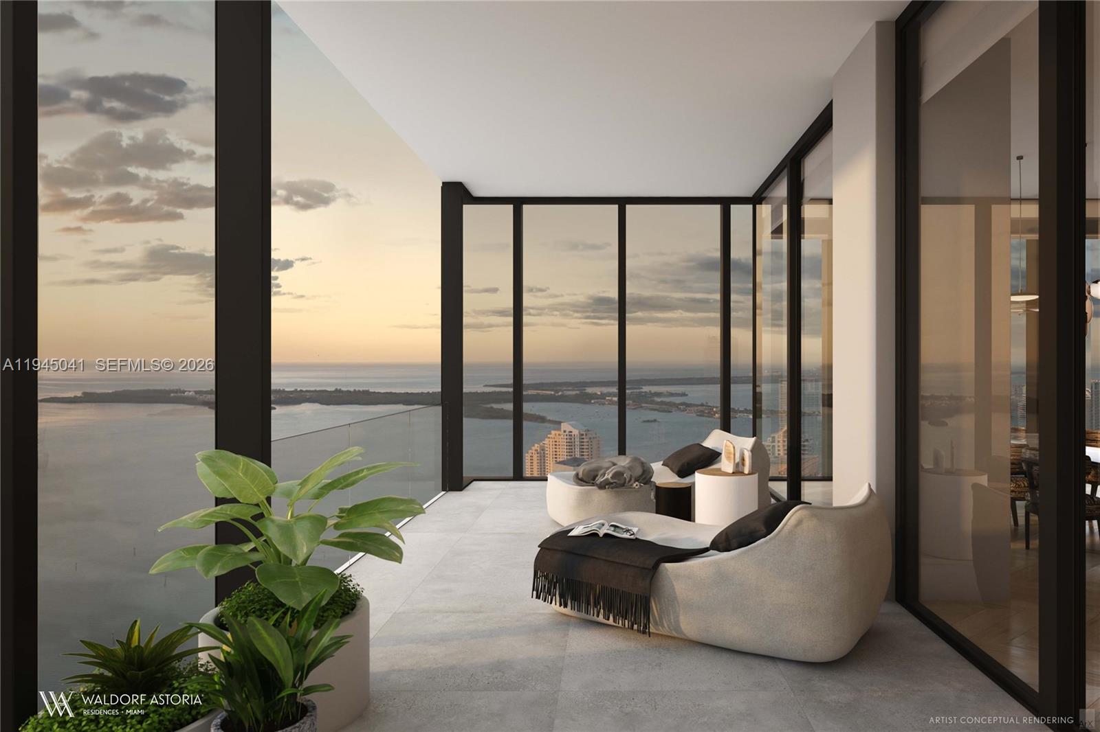 This artist conceptual rendering shows a luxury balcony with lounge seating overlooking a coastal city — 249 NE 3 ST # 5901, Miami FL 33132, MIAMI, FL