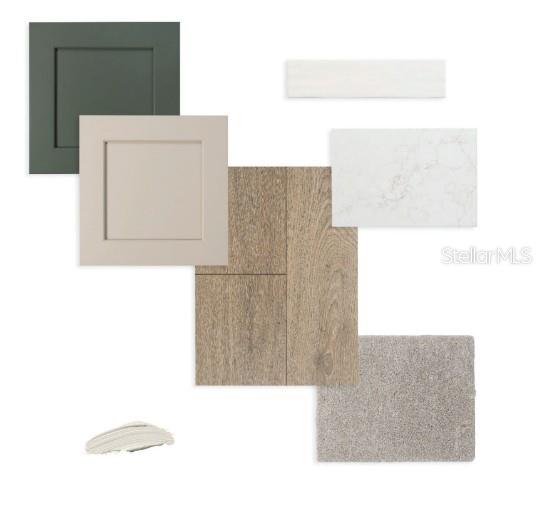 This is a digital design board showing interior finish samples including cabinetry, flooring, and countertops — 5123 CHATTAHOOCHEE BEND, ST CLOUD, FL