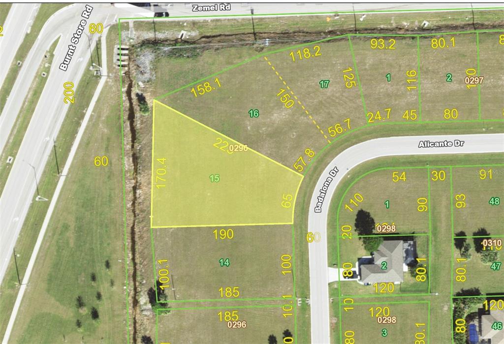 This is a property map showing a highlighted lot and surrounding land parcels — 16035 BADALONA DRIVE, PUNTA GORDA, FL