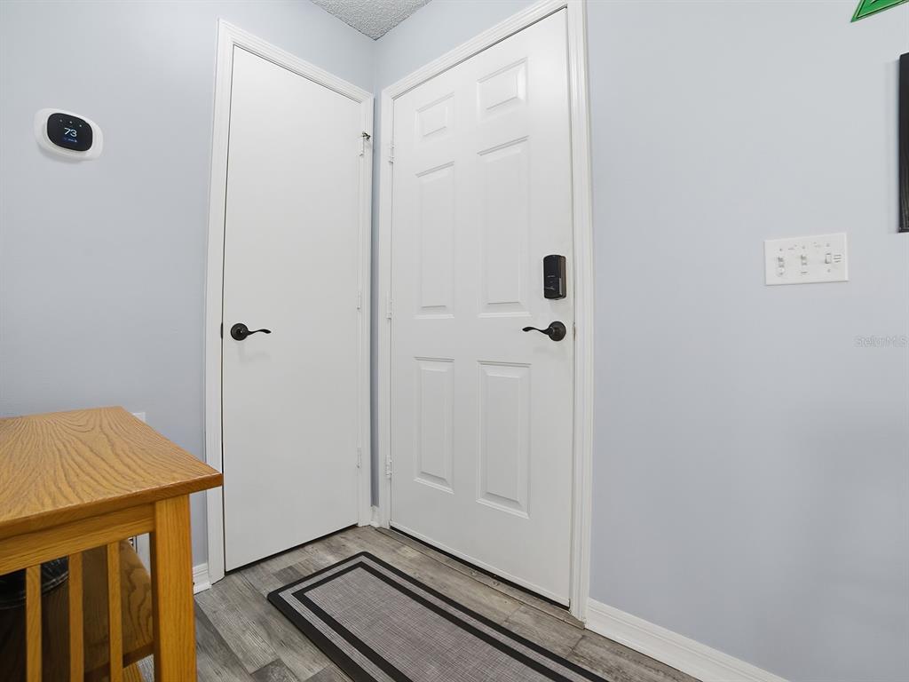 A room features light blue walls, a white door, a closet door, and wood flooring — 1202 FERNANDO LANE, LADY LAKE, FL