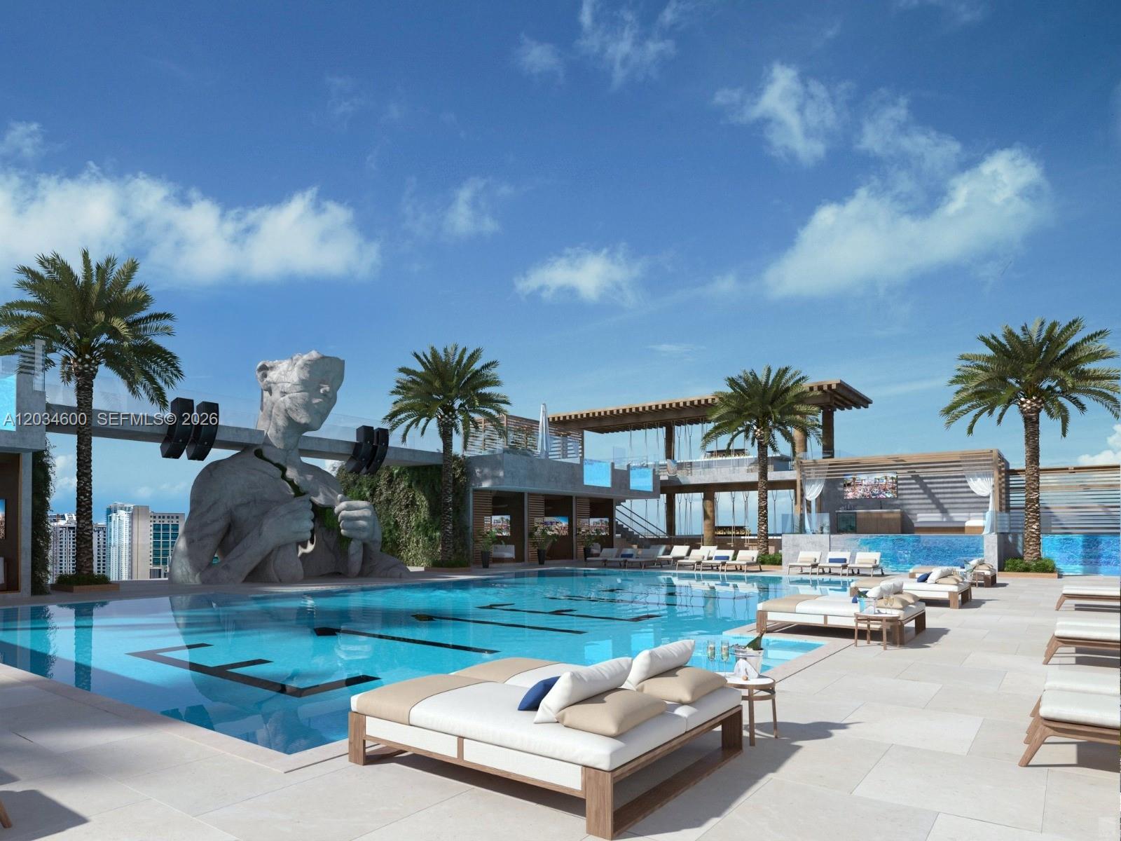 This architectural rendering shows a rooftop swimming pool with lounge chairs and a large sculpture — 20 NE 11th ST # 2803A, Miami FL 33132, MIAMI, FL