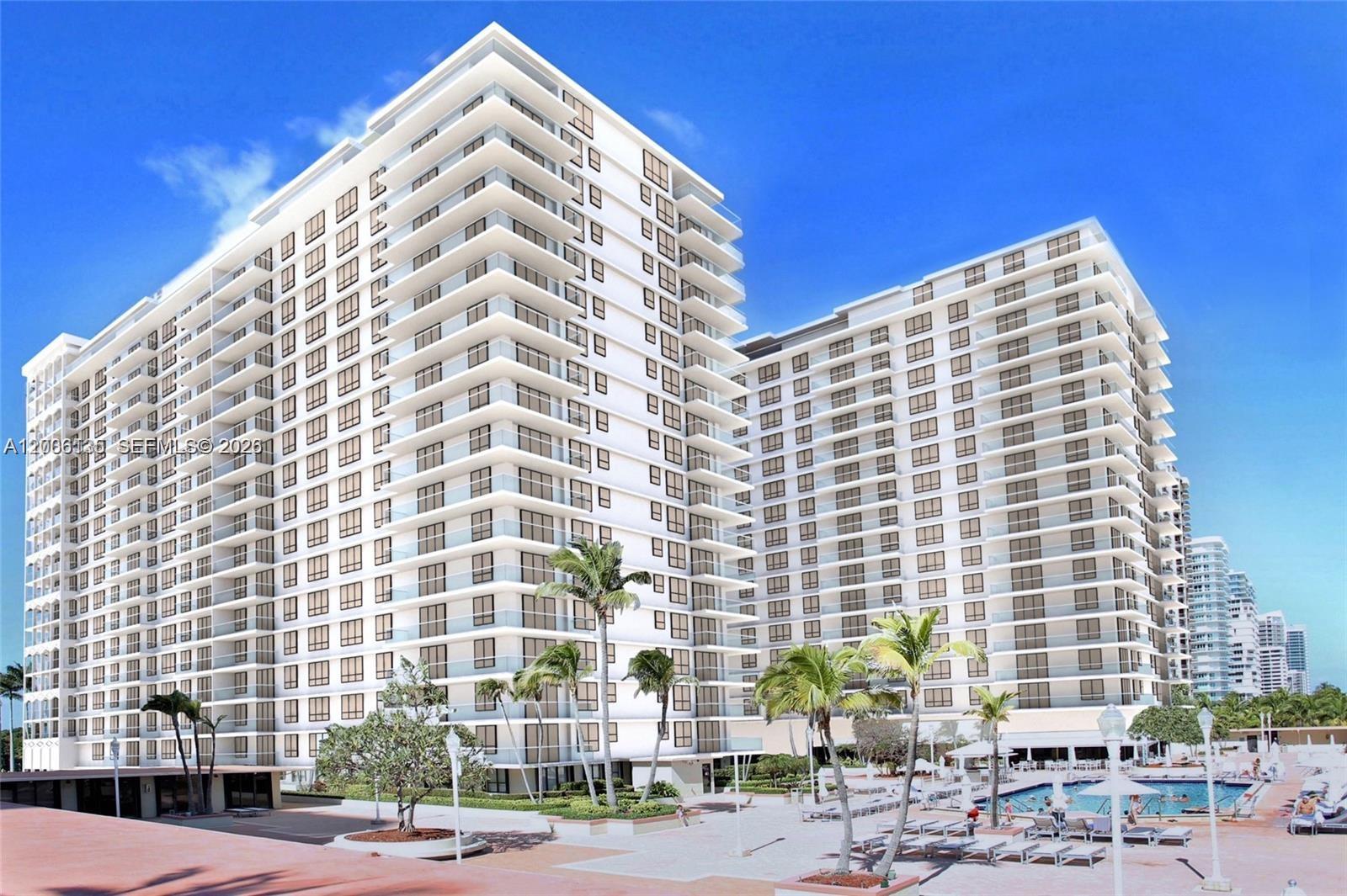 This is a rendering of a multi-story residential building with balconies and an outdoor pool — 9801 Collins Ave # 14D, Bal Harbour FL 33154, BAL HARBOUR, FL