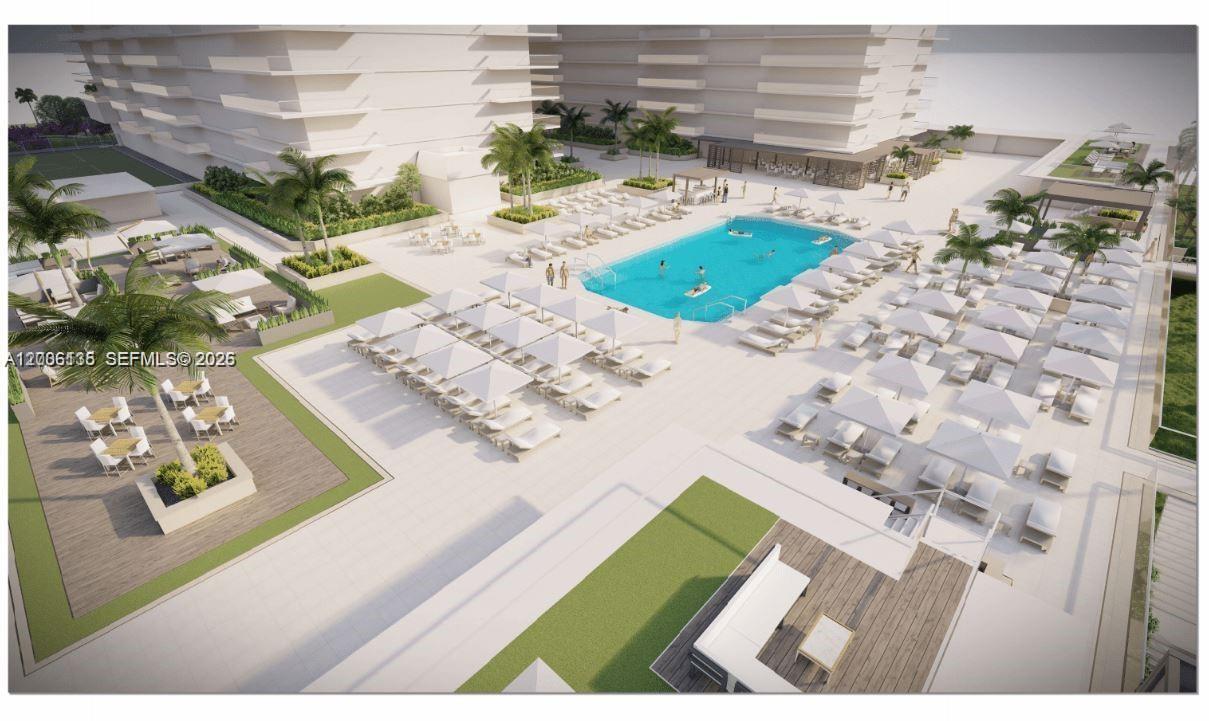 This is a rendering of a modern apartment complex pool deck with lounge chairs — 9801 Collins Ave # 14D, Bal Harbour FL 33154, BAL HARBOUR, FL