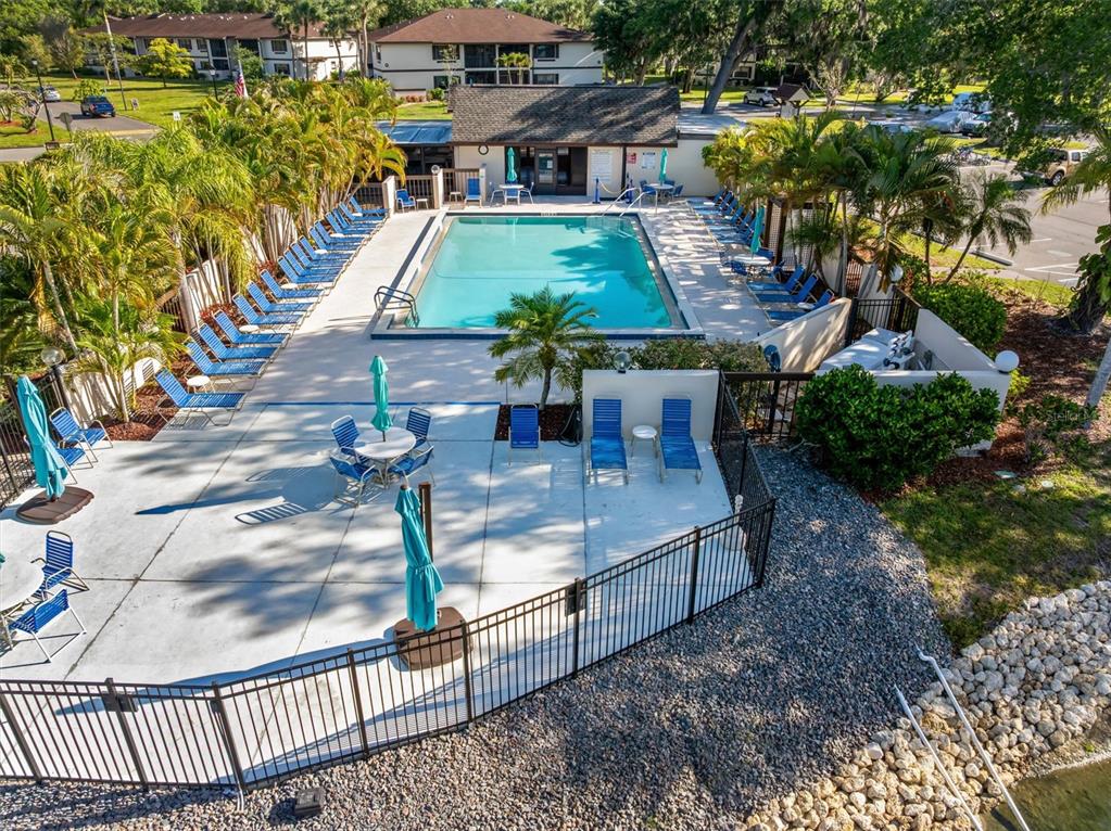 An aerial view of a rectangular swimming pool surrounded by lounge chairs and patio umbrellas — 19505 QUESADA AVENUE UNIT C203, PORT CHARLOTTE, FL