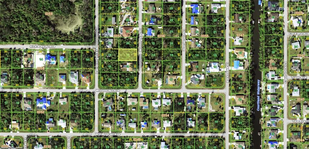 This is an aerial map showing residential lots and streets in a suburban neighborhood — 2145 WINNINGWAY STREET, PORT CHARLOTTE, FL