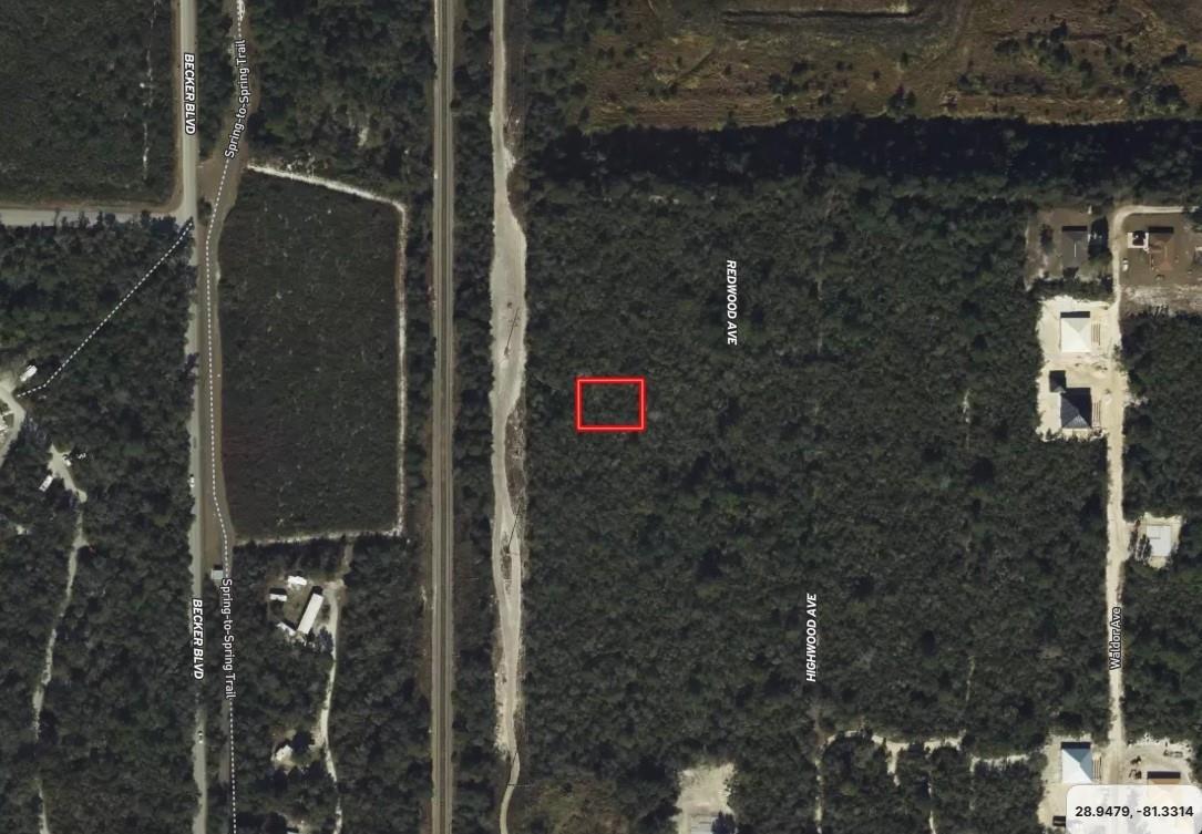 An aerial map view shows a red rectangle highlighting a plot of land near roads — 0 Riegel Paper, FL 32763, FL