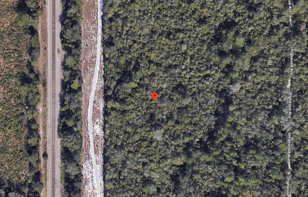 This satellite map view shows a wooded lot adjacent to a railroad track — 0 Riegel Paper, FL 32763, FL