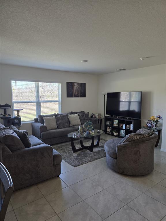 A living room features gray furniture, a television on a media console, and tile flooring — 873 AMBLESIDE DRIVE, HAINES CITY, FL