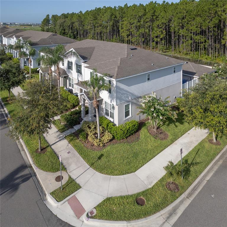 An aerial view shows a residential neighborhood with multi-story townhomes, paved streets, and parked cars — 6208 ARALIA IVY LANE, WINTER GARDEN, FL