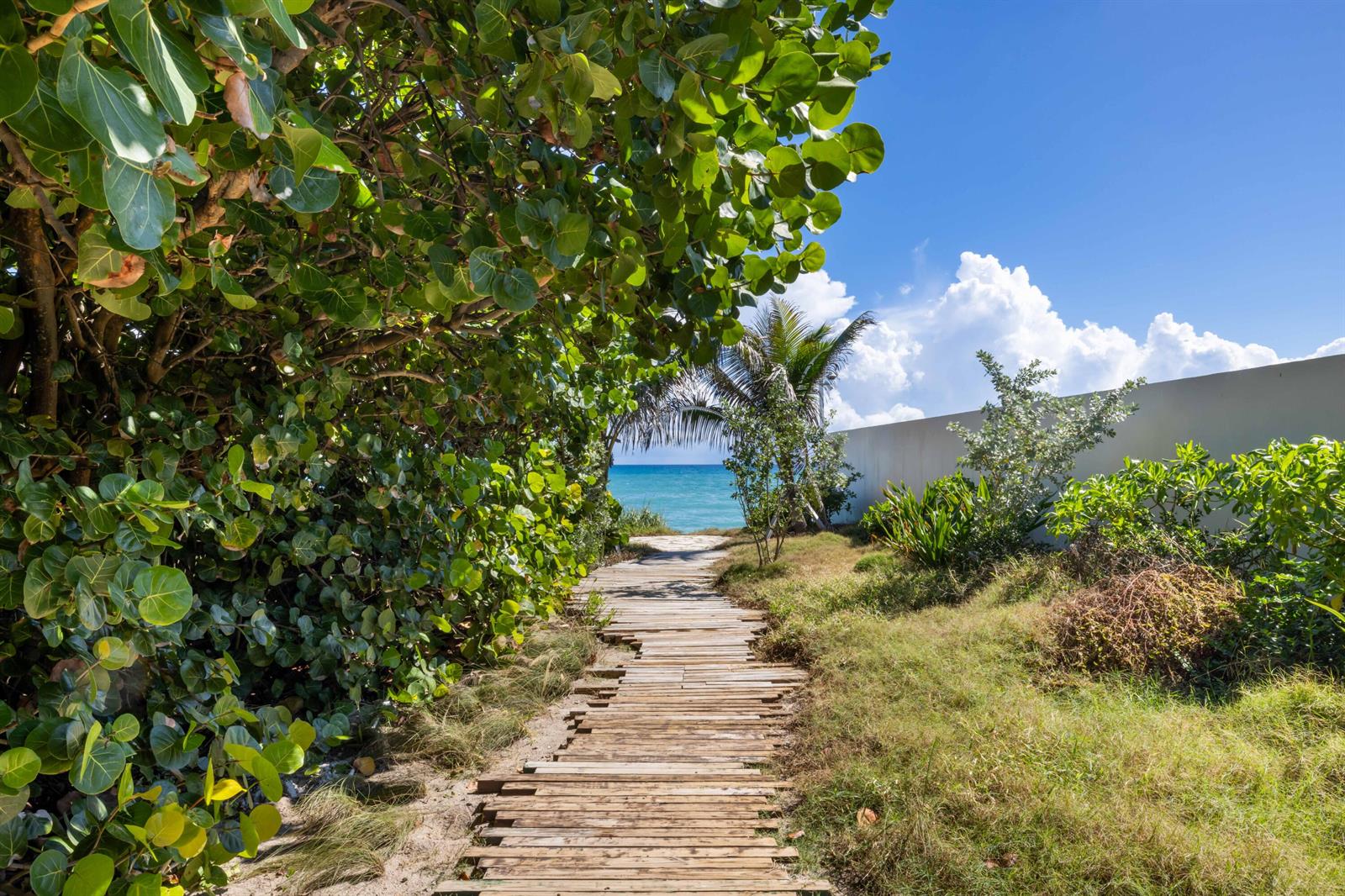 A wooden boardwalk leads through lush greenery toward a view of the ocean — 1048 S Ocean Boulevard, Palm Beach FL 33480, PALM BEACH, FL