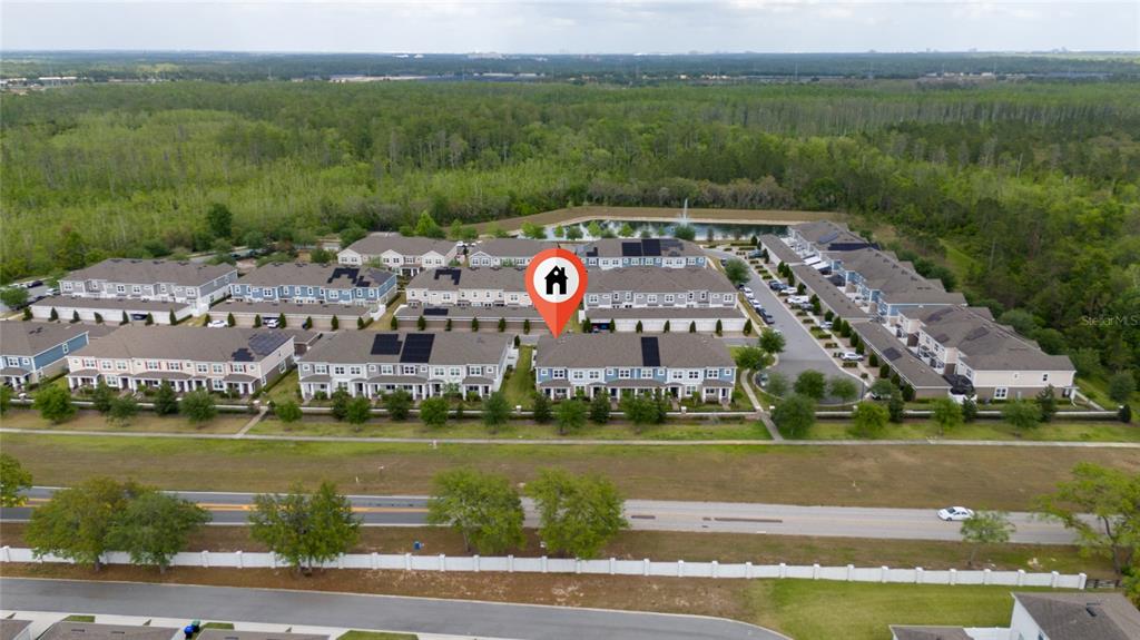 An aerial view shows a residential townhome community with a pond and surrounding forest — 11162 HANLON TERRACE ALLEY, WINTER GARDEN, FL