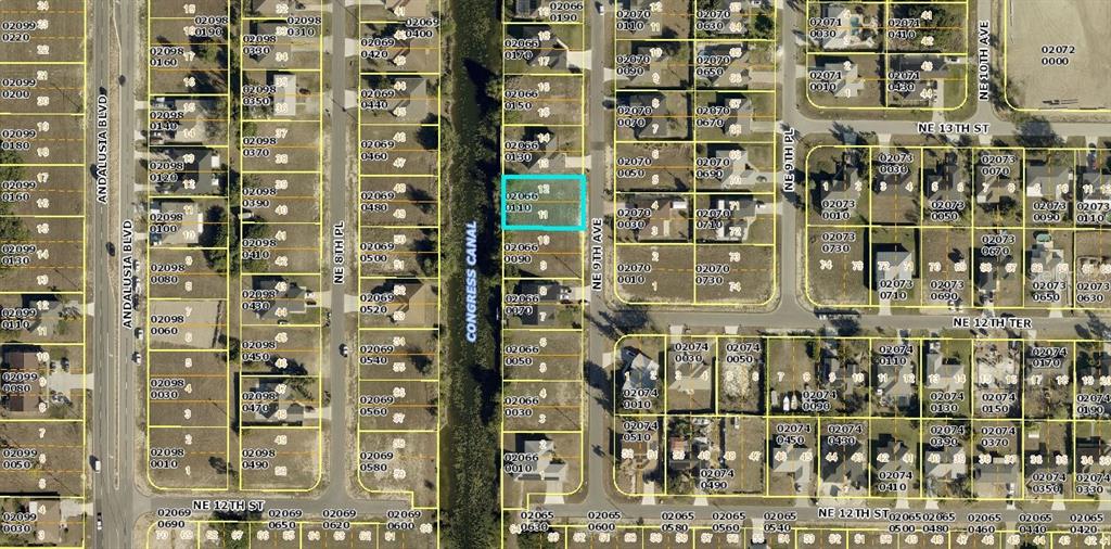 This is an aerial map showing residential lots and streets in a suburban neighborhood — 1222 NE 9TH AVENUE, CAPE CORAL, FL
