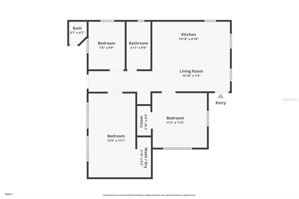 This is a floor plan showing a three-bedroom, two-bathroom residential layout with a kitchen and living area — 376 CALLE GIRASOL, VIEQUES, PR