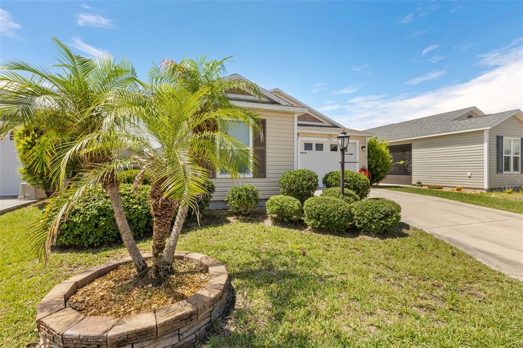 A single-story house with beige siding, a palm tree in the front yard, and a driveway — 1930 RHETT ROAD, THE VILLAGES, FL