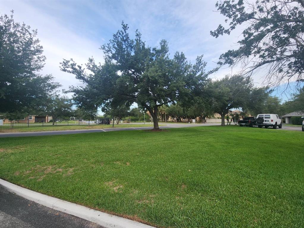 A grassy lawn features large shade trees in front of a paved road and buildings — 5312 CYPRESS CREEK DRIVE UNIT 104, ORLANDO, FL