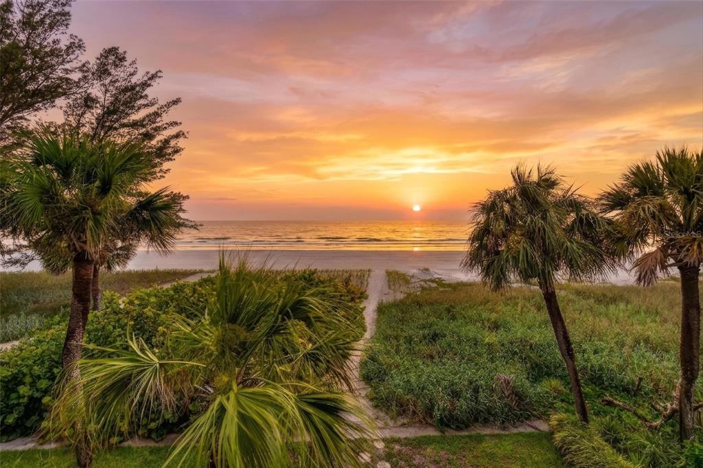 A sandy beach path leads through palm trees toward the ocean at sunset — 300 BEACH TRAIL UNIT 201, INDIAN ROCKS BEACH, FL