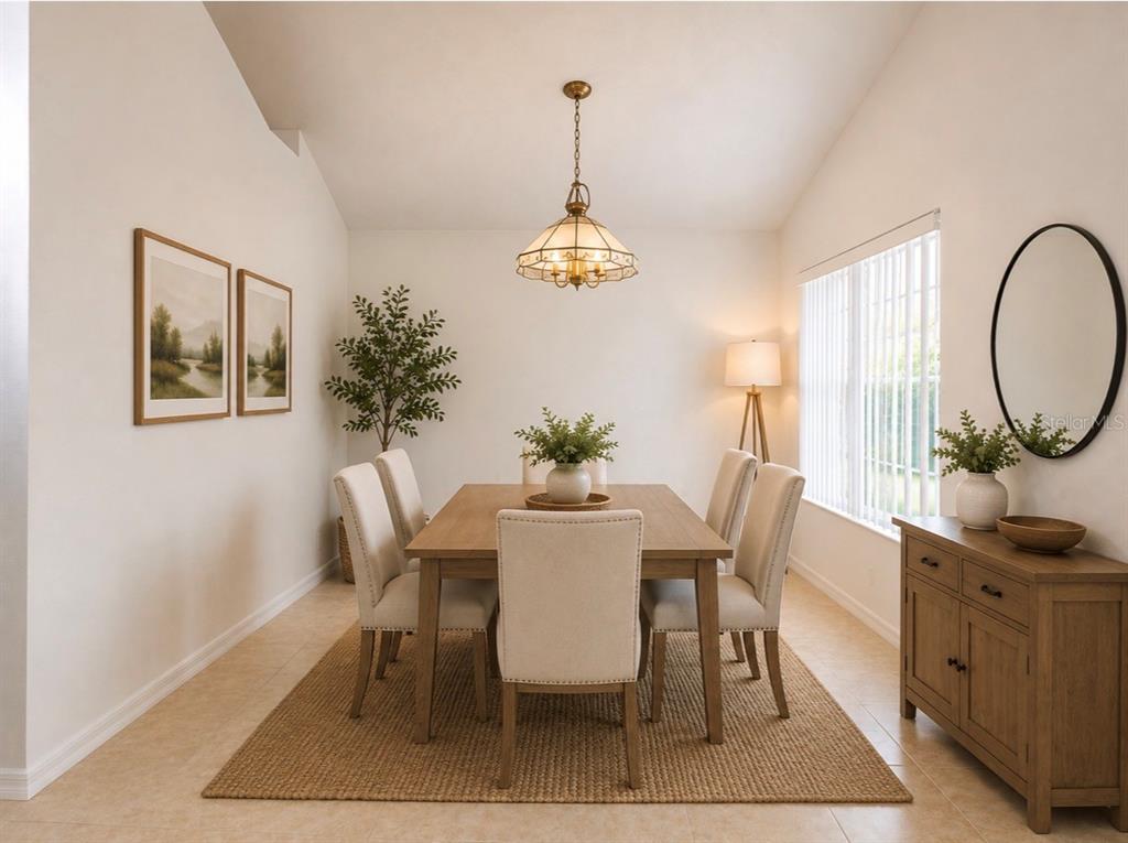 A dining room features a wooden table with six upholstered chairs, a chandelier, and a sideboard — 163 SENECA POINT TRAIL, KISSIMMEE, FL