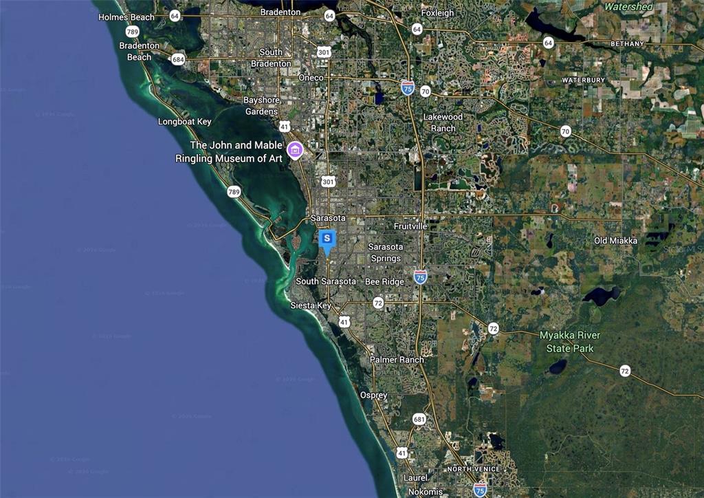 This is a satellite map showing the coastal region of Sarasota and Bradenton, Florida — 1871 SIESTA DRIVE, SARASOTA, FL