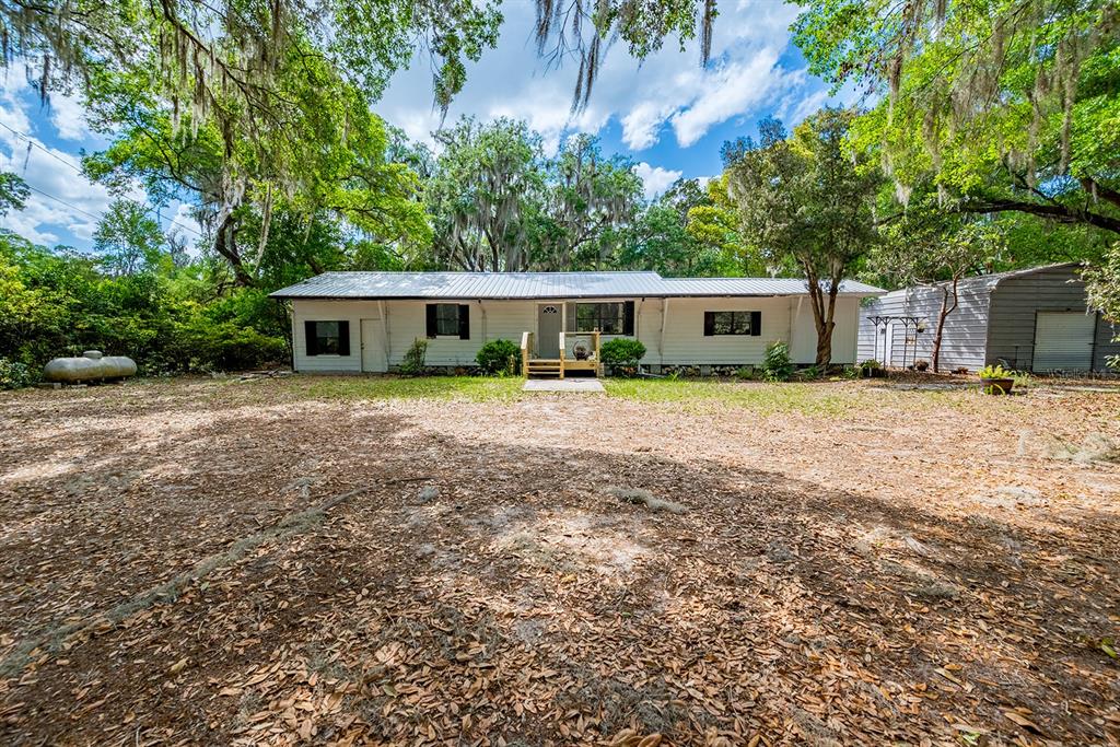 A single-story white house with a metal roof sits in a wooded, leaf-covered yard — 6308 ISLAND ROAD, MELROSE, FL