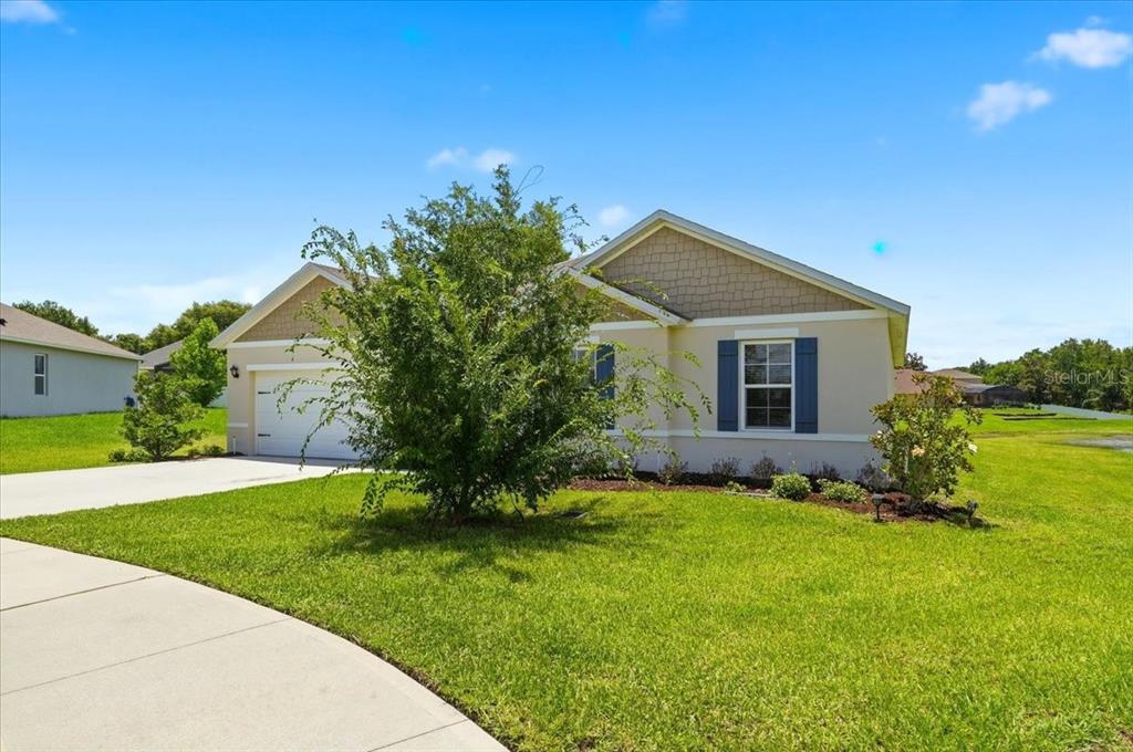 A single-story house with a tan exterior, blue shutters, and a concrete driveway — 203 AUBURN GROVE BOULEVARD, AUBURNDALE, FL