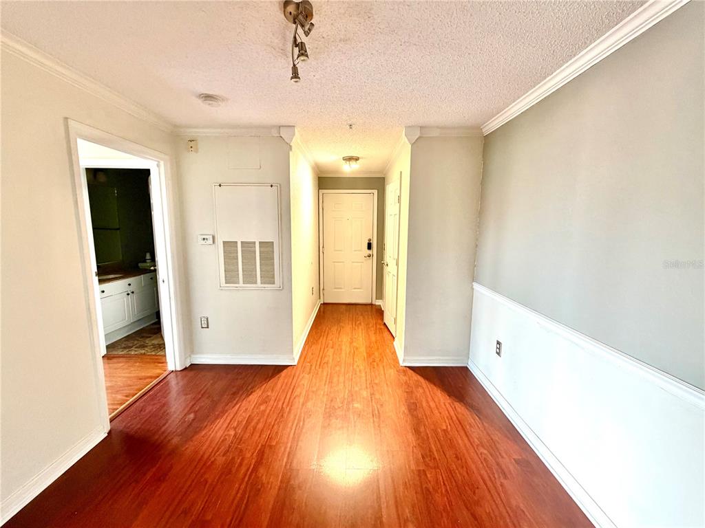 A hallway with wood-look flooring leads to an exterior door, with a bathroom visible left — 18001 RICHMOND PLACE DRIVE UNIT 533, TAMPA, FL