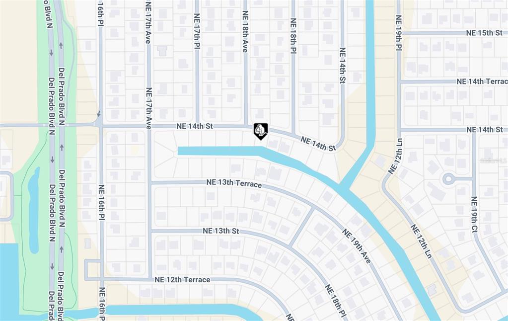 This is a map showing streets and waterways in a residential neighborhood — 1306 NE 19TH PLACE, CAPE CORAL, FL