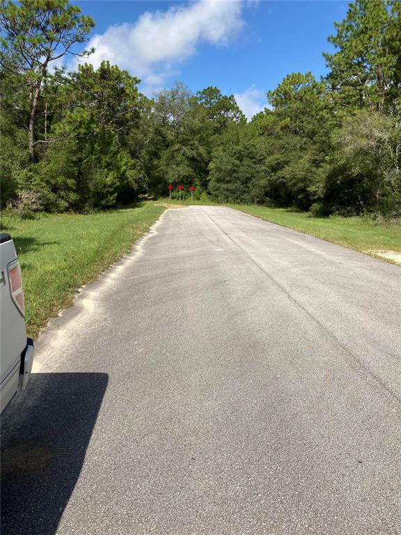 A paved road leads toward a wooded area with three red signs in the distance — TBD SW 54TH STREET, DUNNELLON, FL