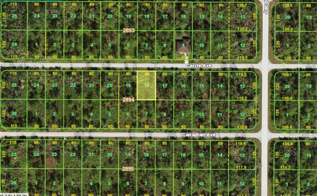 This is a plat map showing residential lots arranged in blocks along paved streets — 13461 CARRIE AVENUE, PORT CHARLOTTE, FL