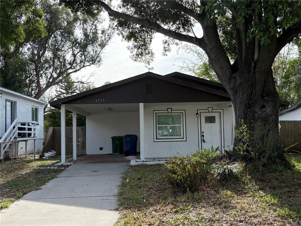 A single-story house with a carport, white stucco exterior, and a large tree in front — 6711 S FAUL STREET, TAMPA, FL
