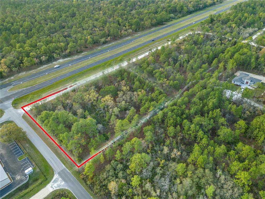 An aerial view shows a wooded, rectangular plot of land outlined in red near a highway — NICASIO JAY AVENUE, WEEKI WACHEE, FL