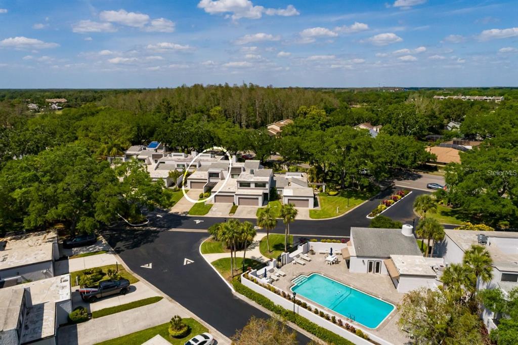 An aerial view shows a residential complex with a swimming pool and circled townhome unit — 4207 FAIRWAY RUN, TAMPA, FL