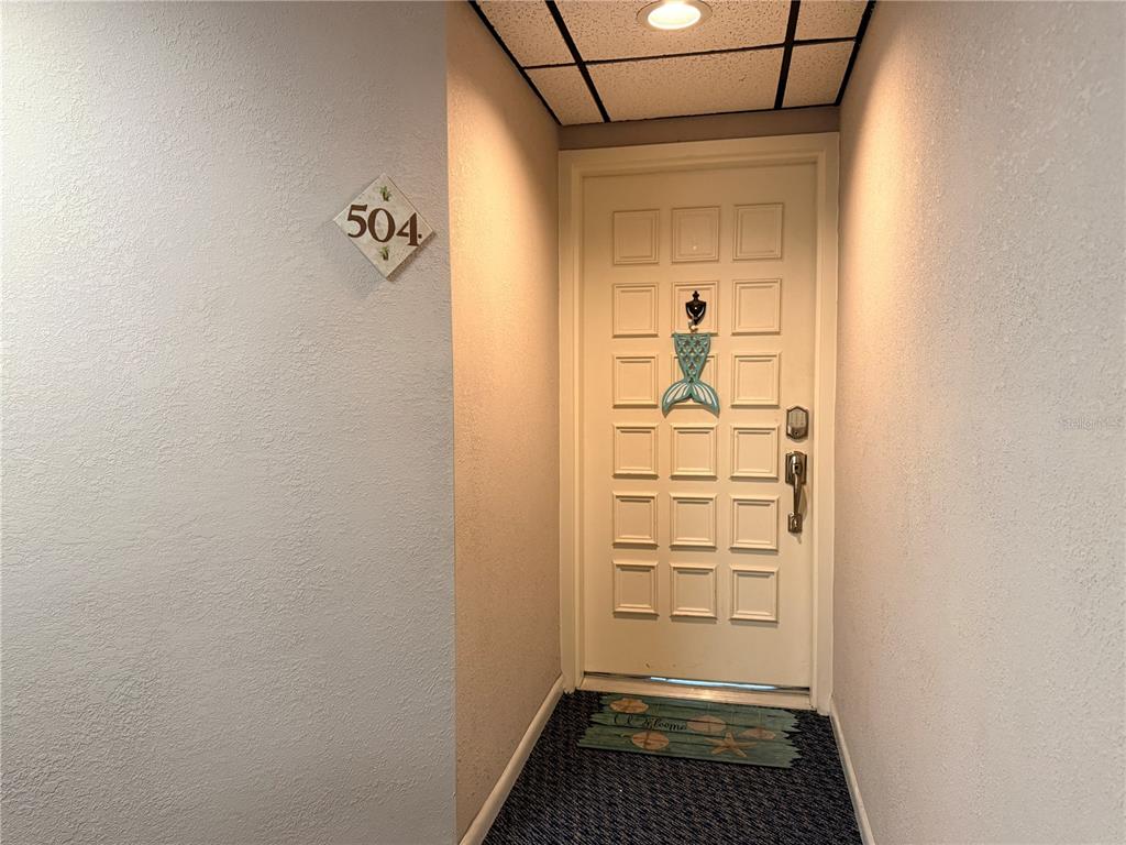 A white door with a mermaid decoration and a welcome mat in a hallway — 6219 PALMA DEL MAR BOULEVARD S UNIT 504, ST PETERSBURG, FL
