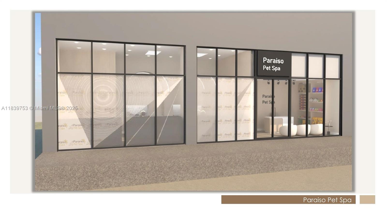 This is a 3D architectural rendering of a storefront for a business named Paraiso Pet Spa — 501 NE 31st St, Miami FL 33137, MIAMI, FL