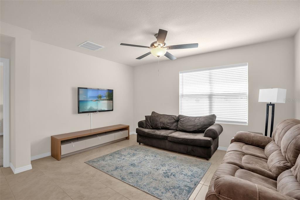 A living room featuring a brown sofa, a television, a media console, and a rug — 5242 MAHOGANY DRIVE, MOUNT DORA, FL