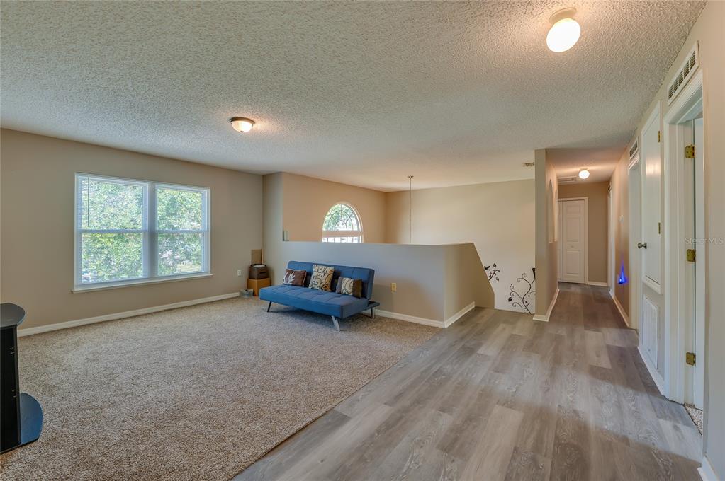 A living area features carpeted flooring, a blue futon, and a hallway with wood-look flooring — 11 ZIRCON COURT, PALM COAST, FL