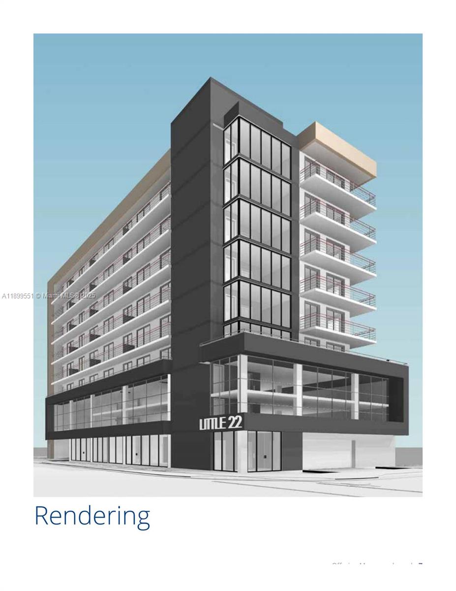 This is a digital rendering of a modern multi-story building with a glass facade — 90 2200, Miami FL 33147, MIAMI, FL