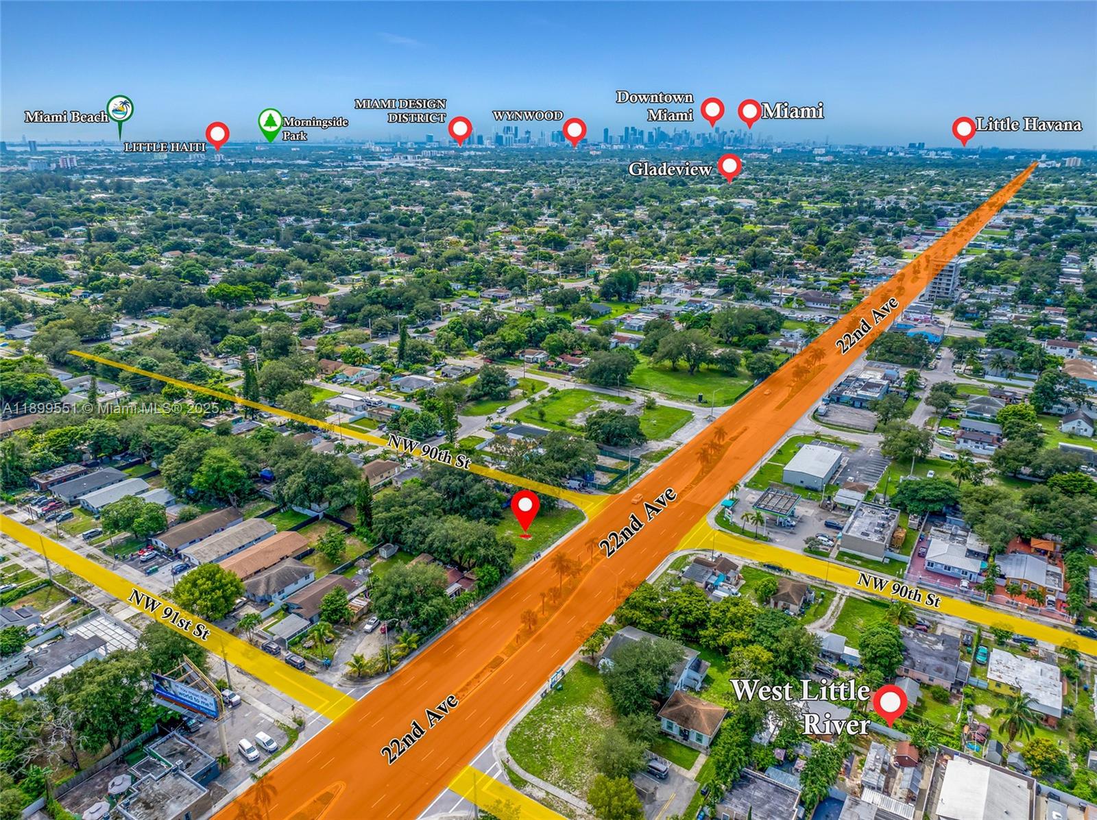 This aerial map shows a vacant lot highlighted in red along 22nd Avenue in Miami — 90 2200, Miami FL 33147, MIAMI, FL
