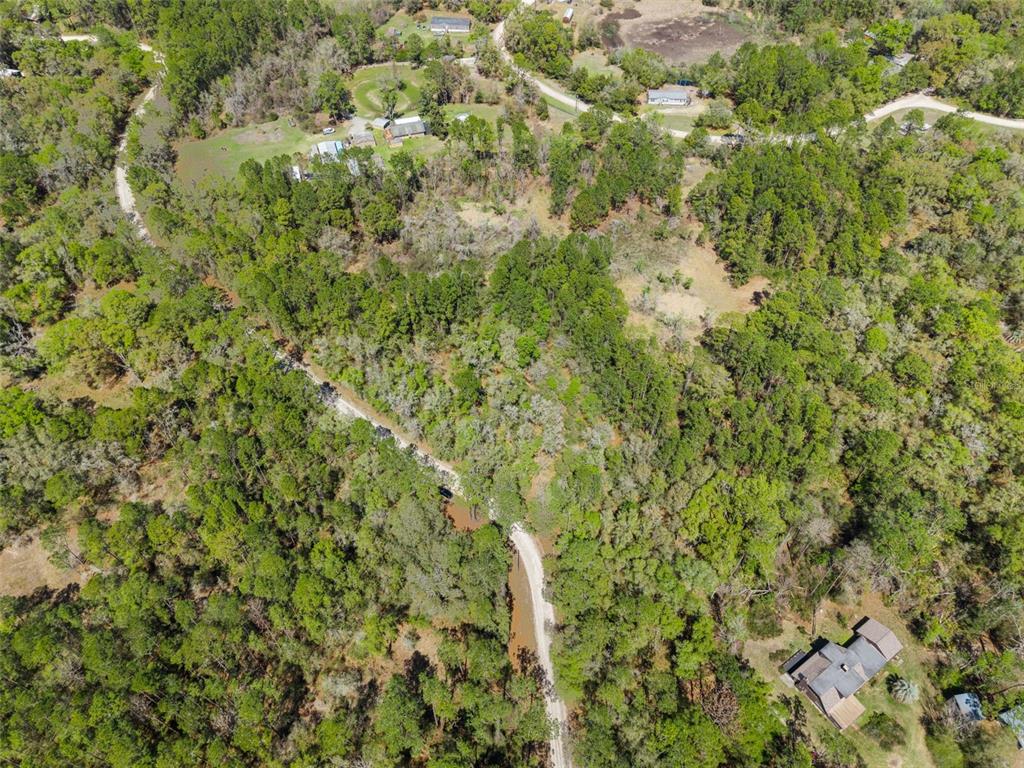 An aerial view shows a winding dirt road cutting through a densely wooded rural landscape — 0 SE 91ST TRAIL, TRENTON, FL