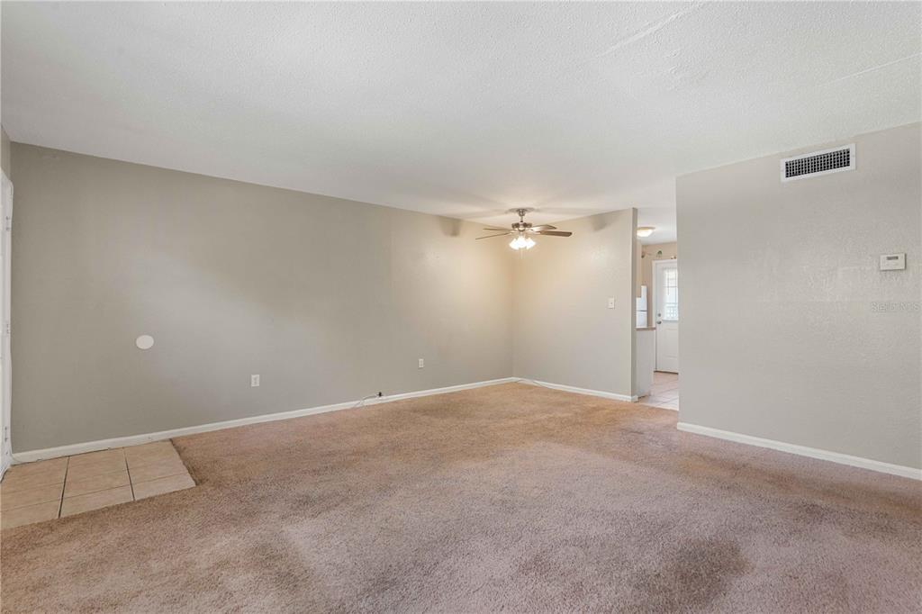 An empty living room features beige carpet, light gray walls, and a ceiling fan — 204 PINE TULIP COURT UNIT 201, TAMPA, FL