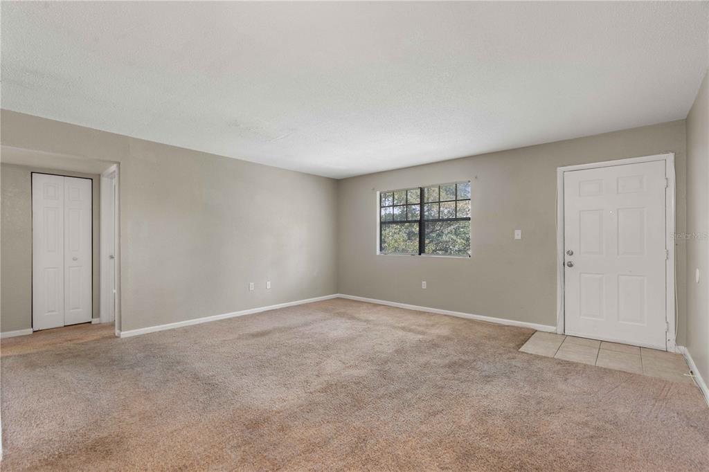 An empty living room features beige carpet, light gray walls, a window, and a white door — 204 PINE TULIP COURT UNIT 201, TAMPA, FL