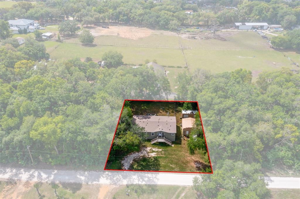An aerial view shows a single-story house with a deck on a wooded lot — 38616 COLEEN AVENUE, ZEPHYRHILLS, FL