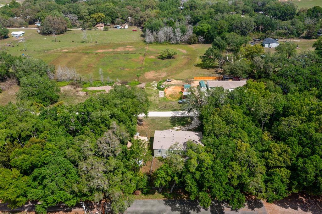An aerial view shows a house surrounded by dense trees and a large open field — 38616 COLEEN AVENUE, ZEPHYRHILLS, FL