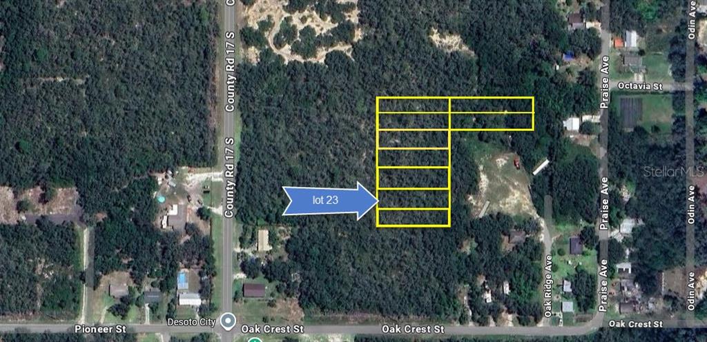 This aerial map shows a highlighted lot and surrounding properties near several streets — 6104 OAK BROOK AVENUE LOT 23, SEBRING, FL