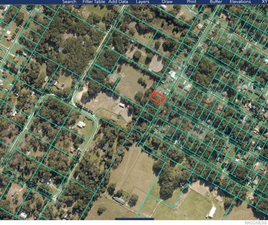 An aerial map view shows a highlighted rectangular property lot surrounded by trees and roads — 00 NW 52ND AVENUE Lot 7, OCALA, FL