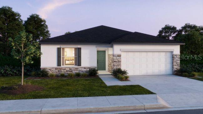 A digital rendering of a single-story house with a white stucco exterior and stone accents — 589 BROADOAK DRIVE, DUNDEE, FL