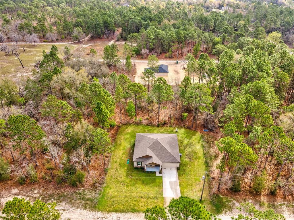 An aerial view shows a single-story house with a driveway surrounded by dense pine trees — 16334 FROST BIRD ROAD, WEEKI WACHEE, FL