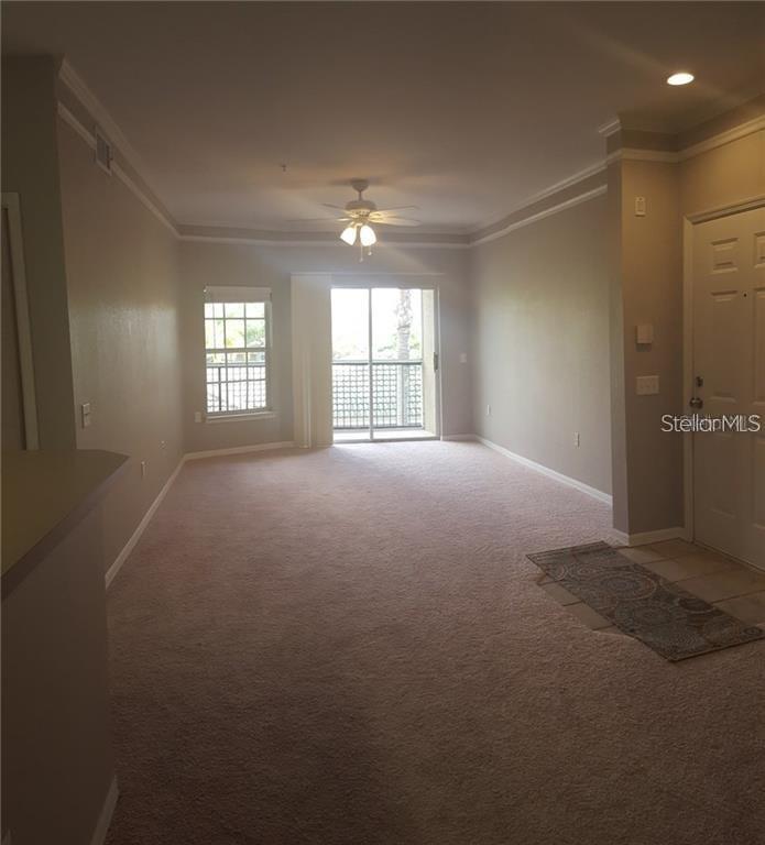 A carpeted living room features a ceiling fan, a sliding glass door, and a window — 5152 NORTHRIDGE ROAD UNIT 204, SARASOTA, FL