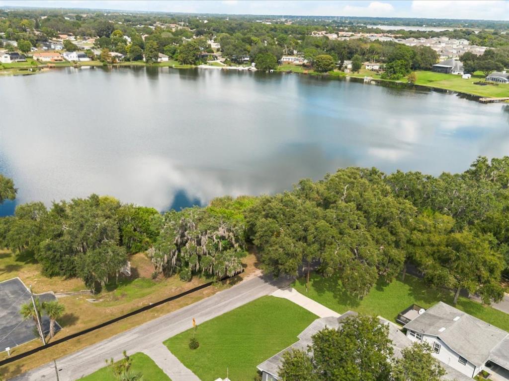 An aerial view shows a lake surrounded by trees and residential houses — 1210 E CAROLINE STREET, TAVARES, FL